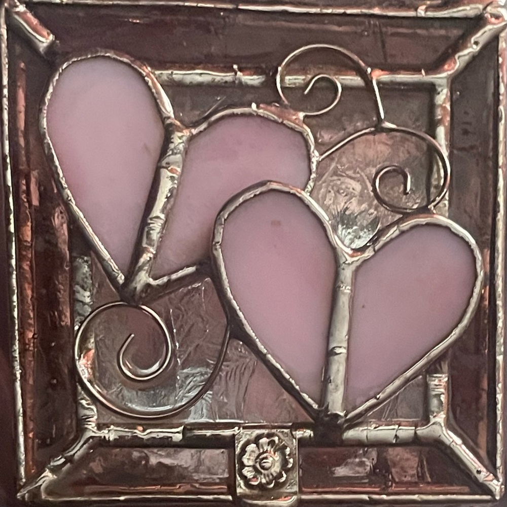 Vintage stained & slag glass mirrored jewelry/trinket box Pink & Silver